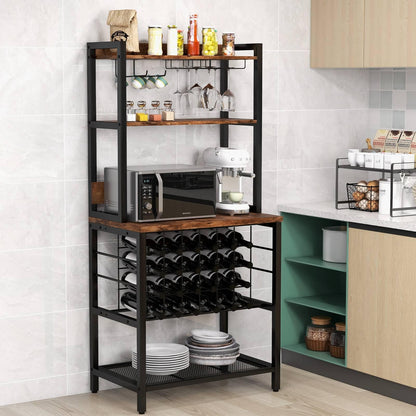 GiantexUK 24 Bottles Wine Rack, 4-Tier Wine Bar Cabinet with Power Outlets, Glass & Cup Holders, Adjustable Feet & Anti-Tipping Device