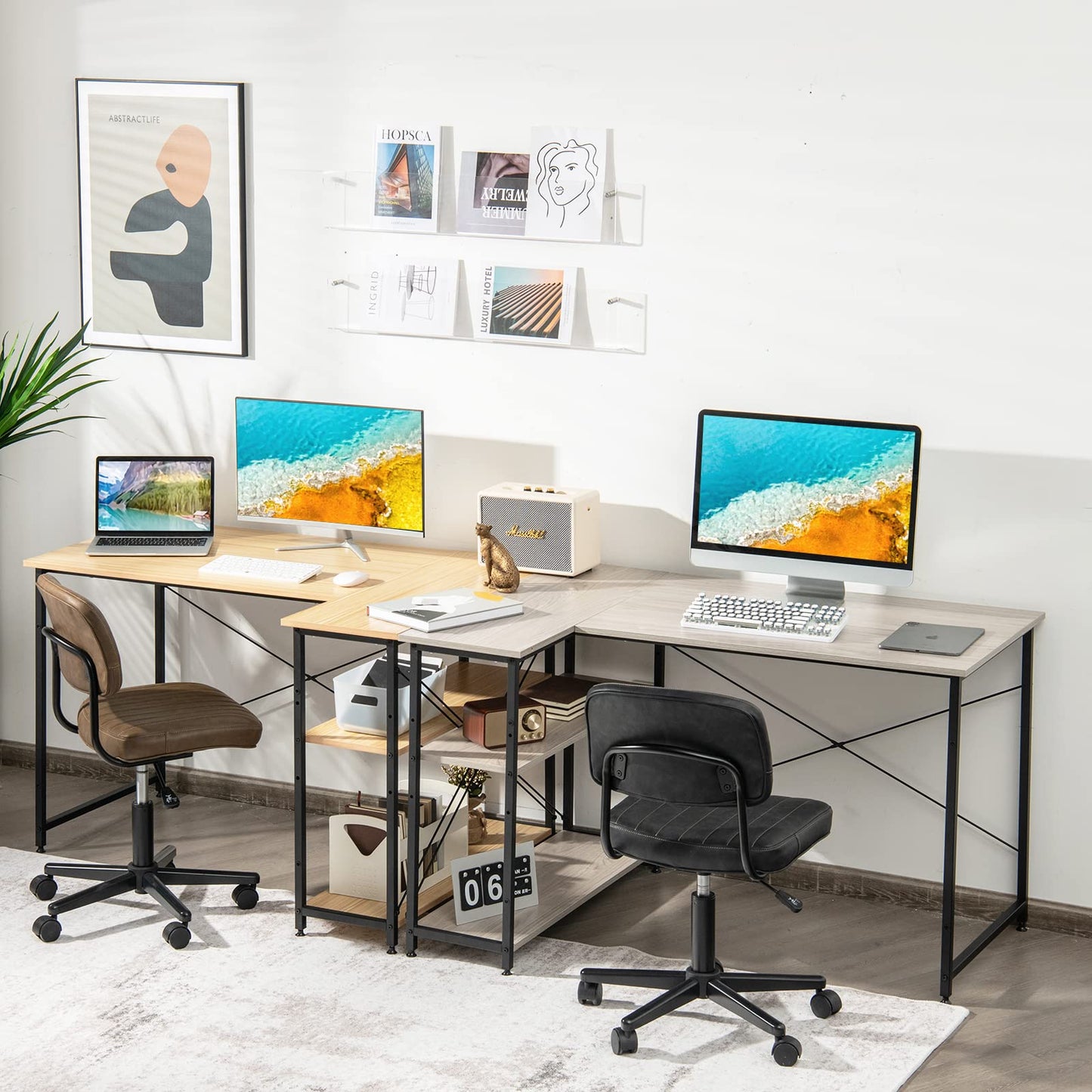 Corner Computer Desk, L-Shaped Writing Study Table with Reversible and Adjustable Bookshelf