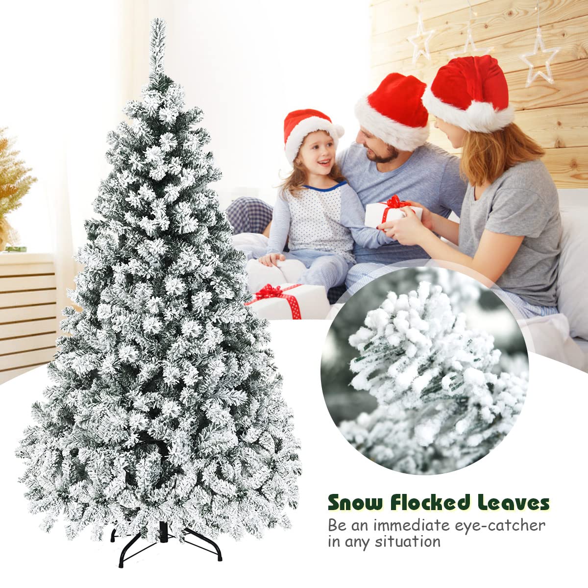 6FT Flocked Christmas Tree, Pre-Lit Artificial Decoration Tree with 600 PVC Branch Tips and 250 LED Lights