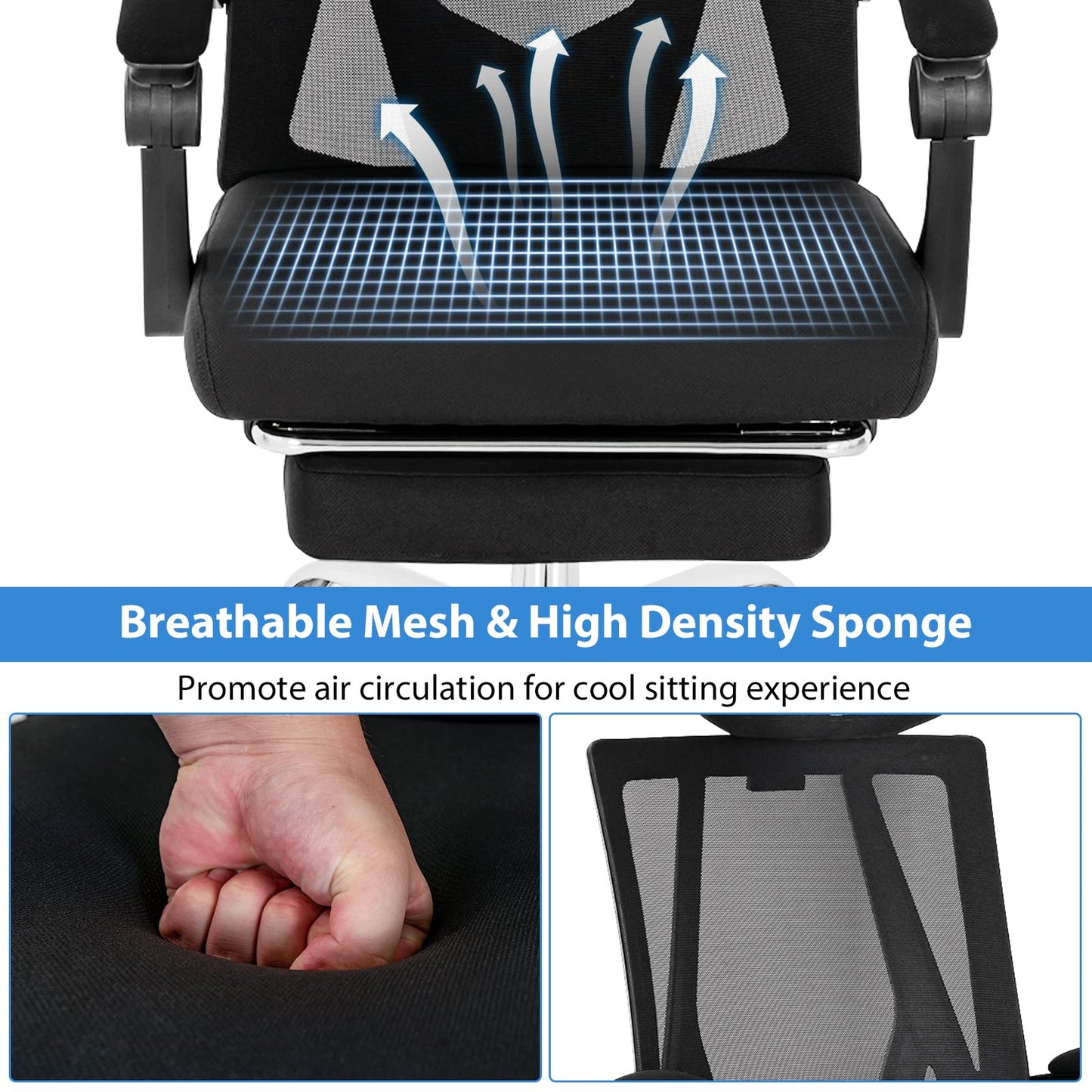 Mesh Office Chair, Ergonomic Swivel Computer Desk Chair with Retractable Footrest