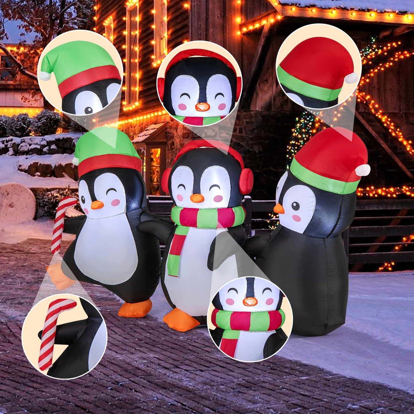 Inflatable Christmas Snowman and Penguins, Blow up Xmas Decoration with LED Lights (3 Penguins)