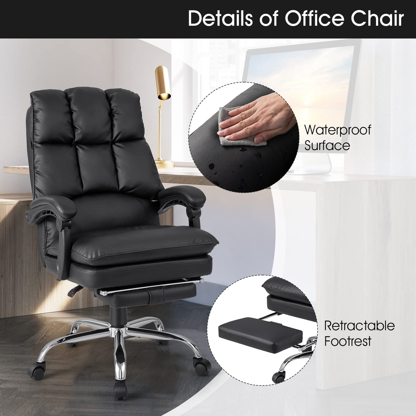 PU Leather Office Chair, Height Adjustable Reclining Computer Desk Chair with Retractable Footrest