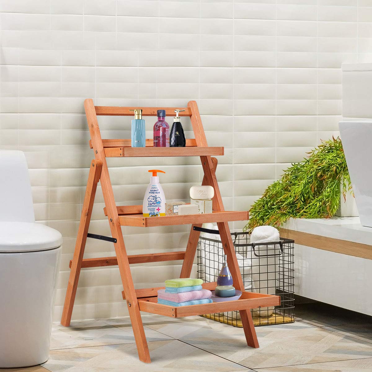 3-Tier Plant Stand, Folding Ladder Flower Shelving Unit with Step Design