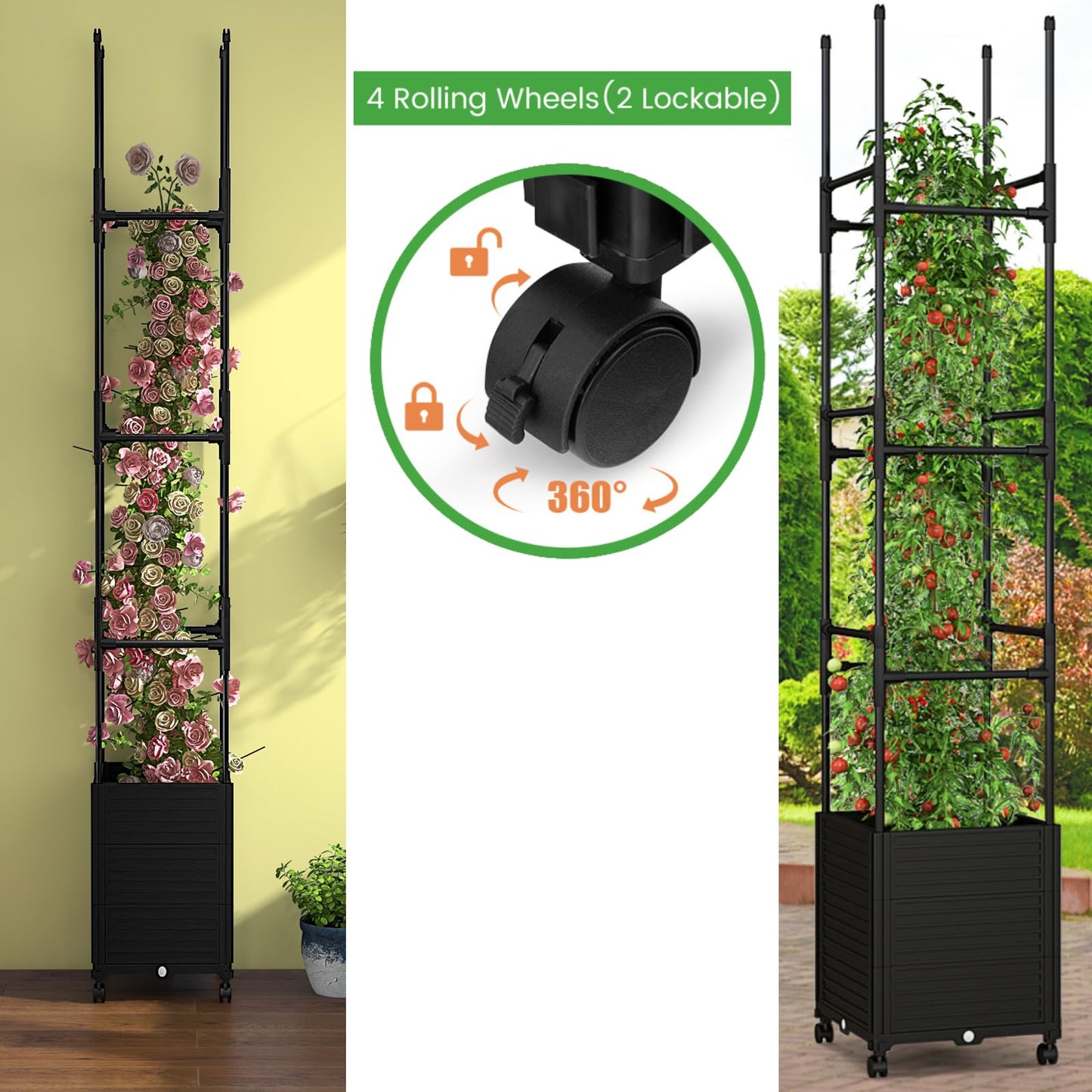 GiantexUK Garden Arch with Planter Boxes, Metal Pergola Trellis Arbour with Wheels & Self-Watering system, 2M Rose Vine Climbing Plants Support Archway