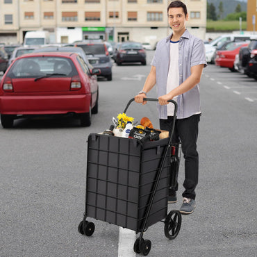 GiantexUK Foldable Shopping Cart on Wheels, Metal Grocery Trolley with Extra Basket & Anti-slip Handle