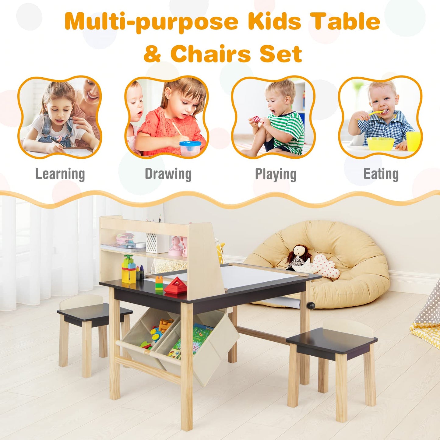 Kids Art Table and Chairs Set, Wooden Toddler Craft Desk with 2-Tier Open Shelf and 2 Storage Bins