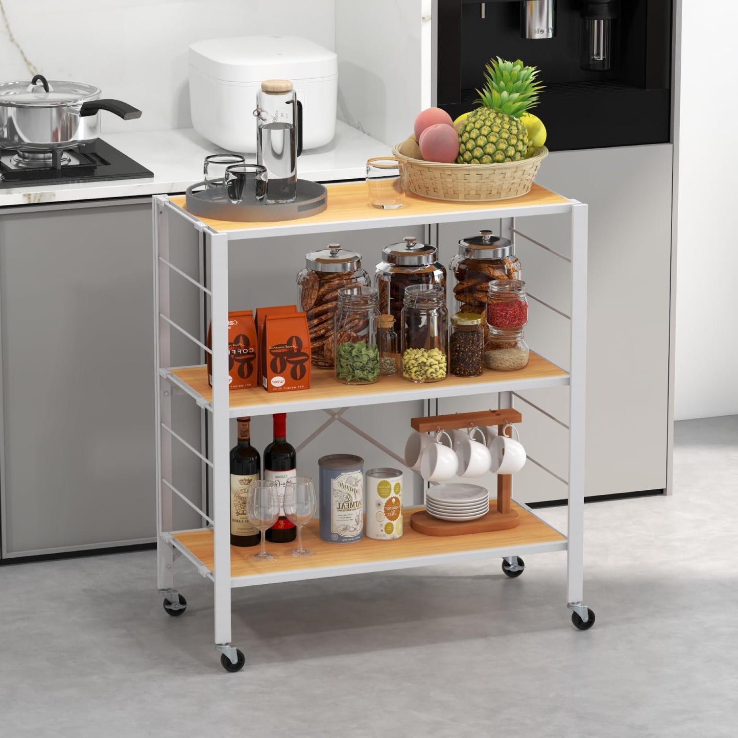 GiantexUK 3-Tier Storage Cart, Foldable Metal Frame Shelving Unit with Wheels, Adjustable Shelves & Anti-Tipping Device