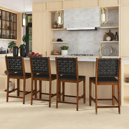 GiantexUK Bar Stools Set of 2/4, PU Leather Woven Kitchen Barstools with Backrest & Rubber Wood Footrests