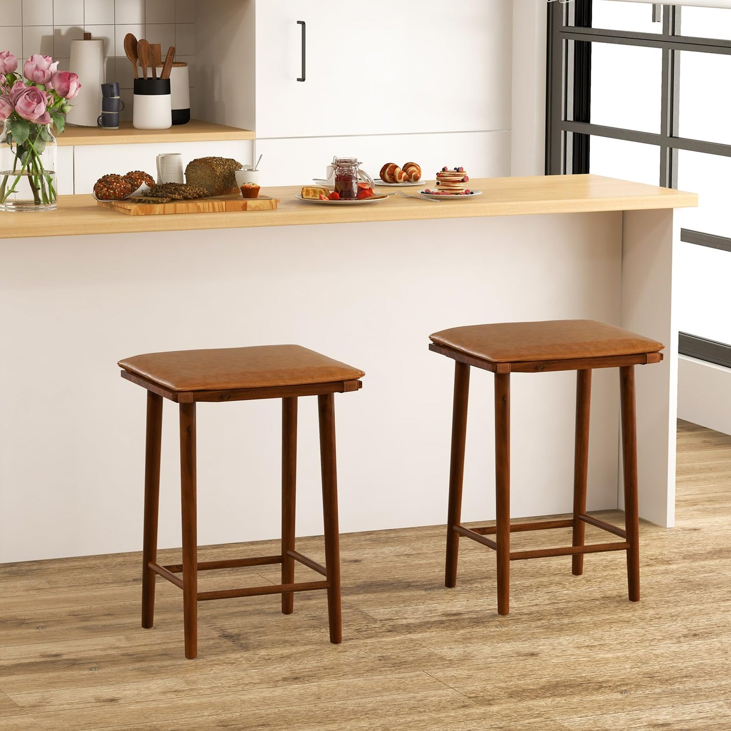 GiantexUK Bar Stools Set of 2, Wooden Saddle Style Stools with Removable PU Leather Cushion