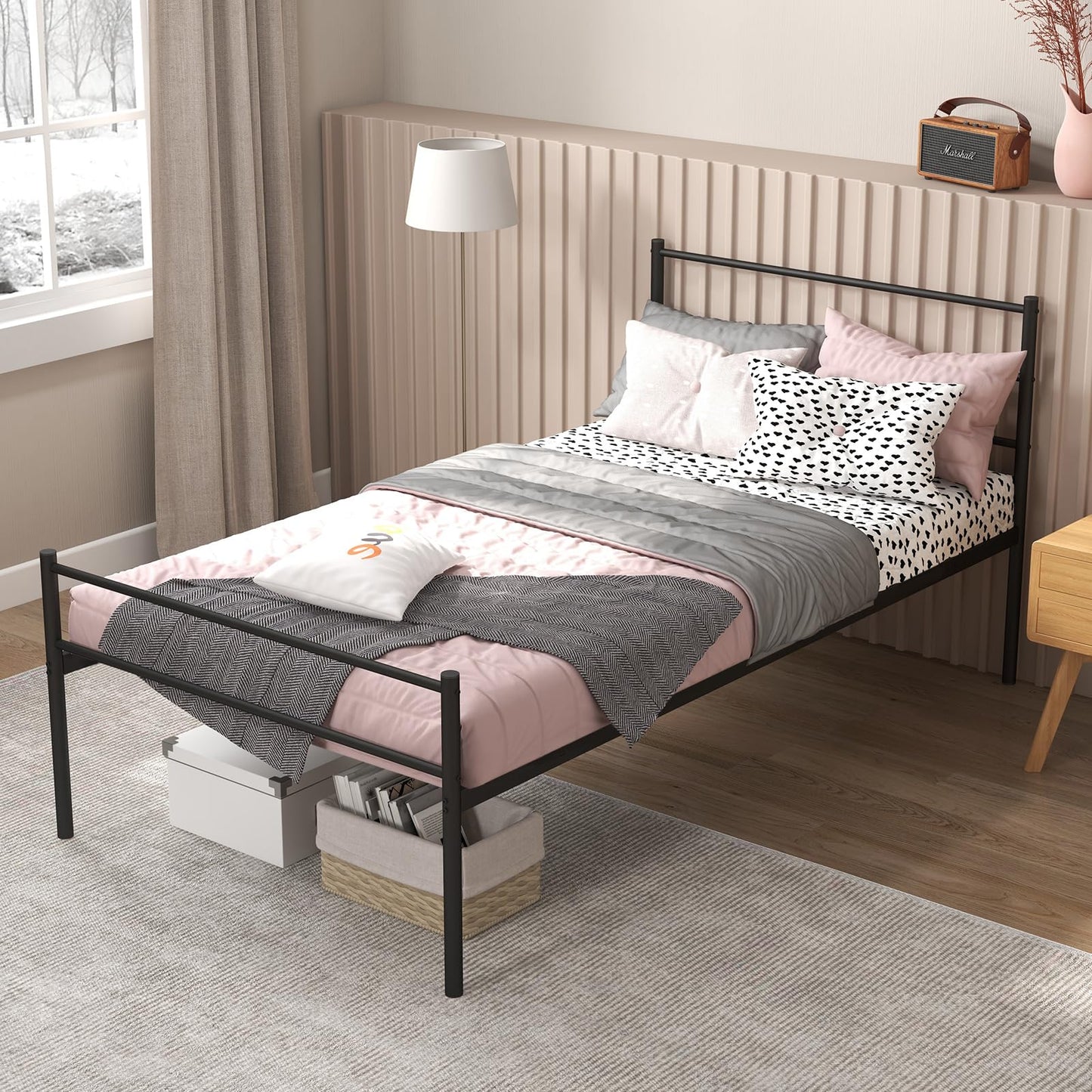 3FT Single Bed Frame, Metal Platform Bed with Headboard & Footboard and Underbed Storage