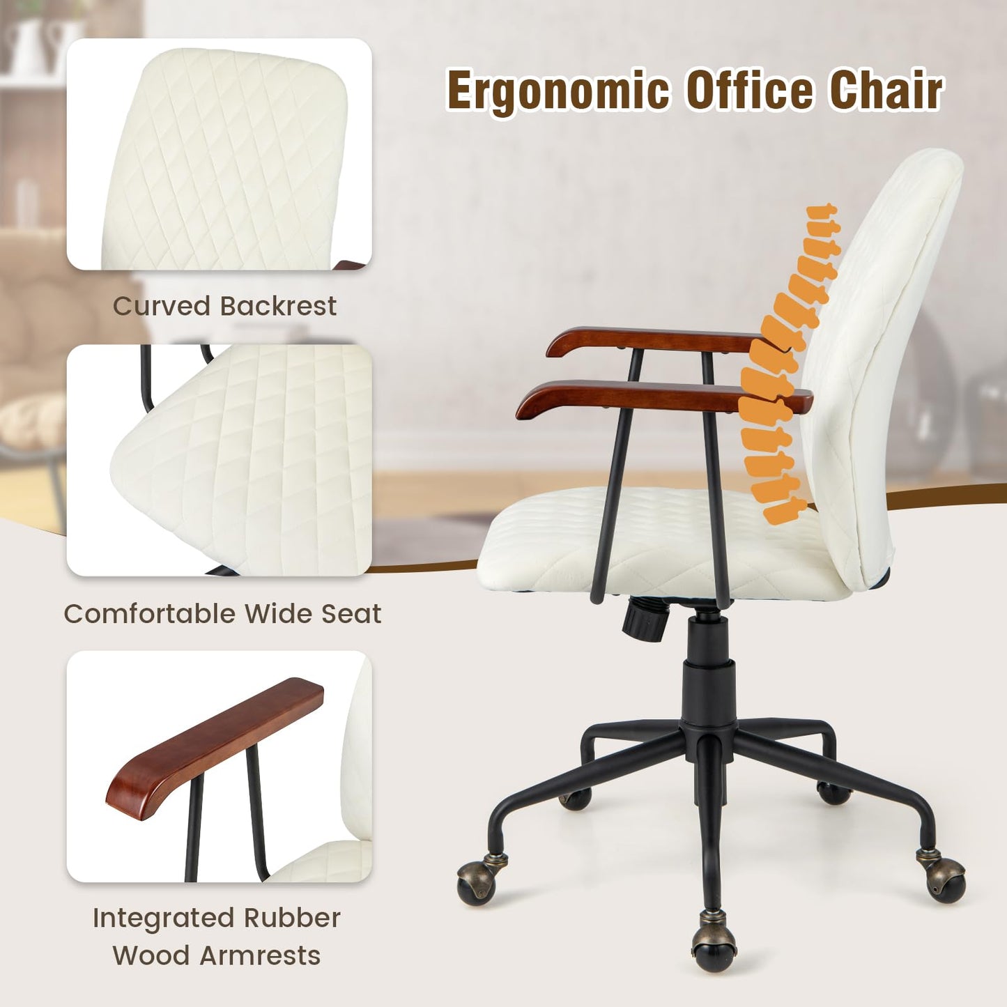 Velvet Office Chair, Ergonomic Swivel Computer Desk Chair with Rubber Wood Armrests