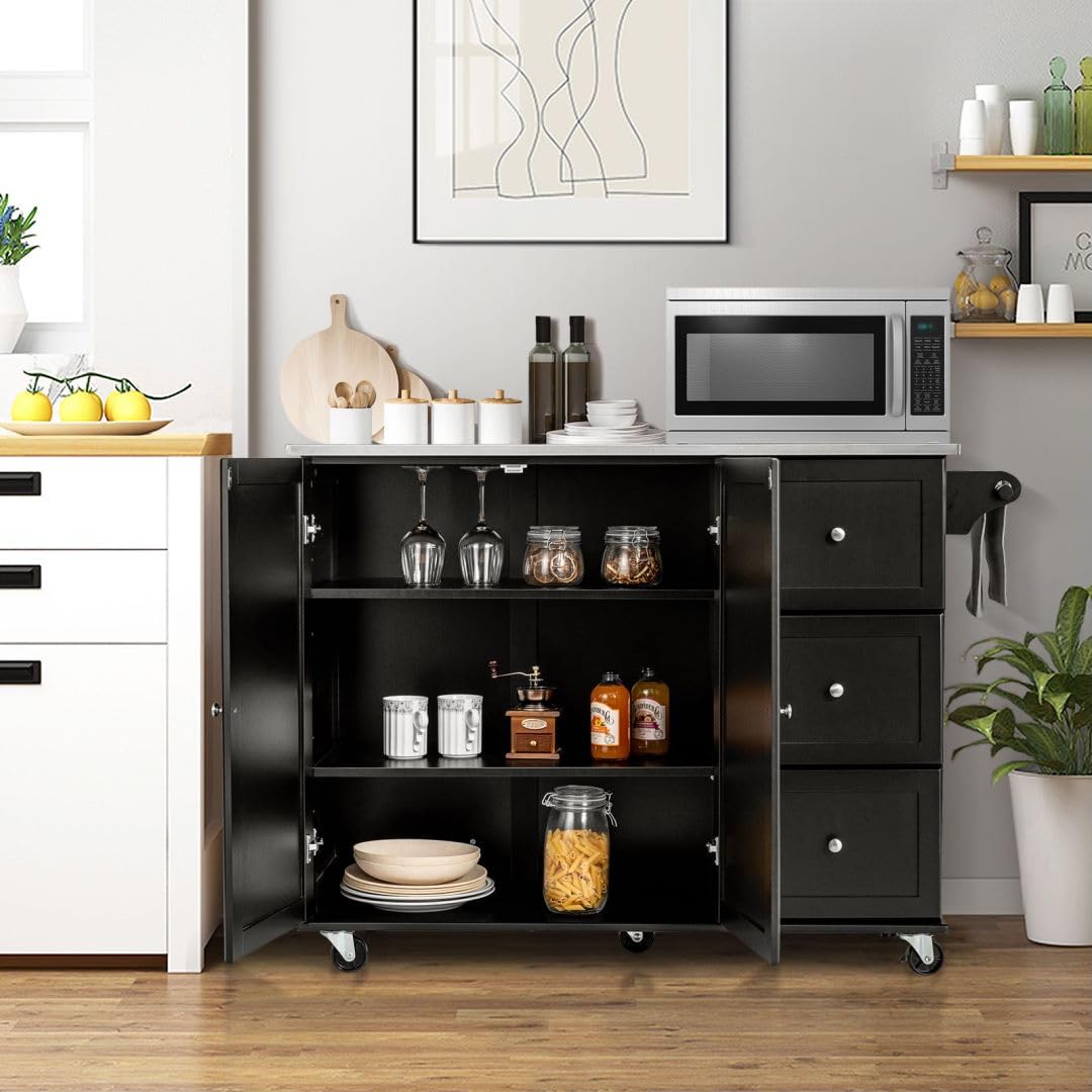 GiantexUK Kitchen Island on Wheels, Wooden Storage Cabinet Trolley with Stainless Steel Countertop