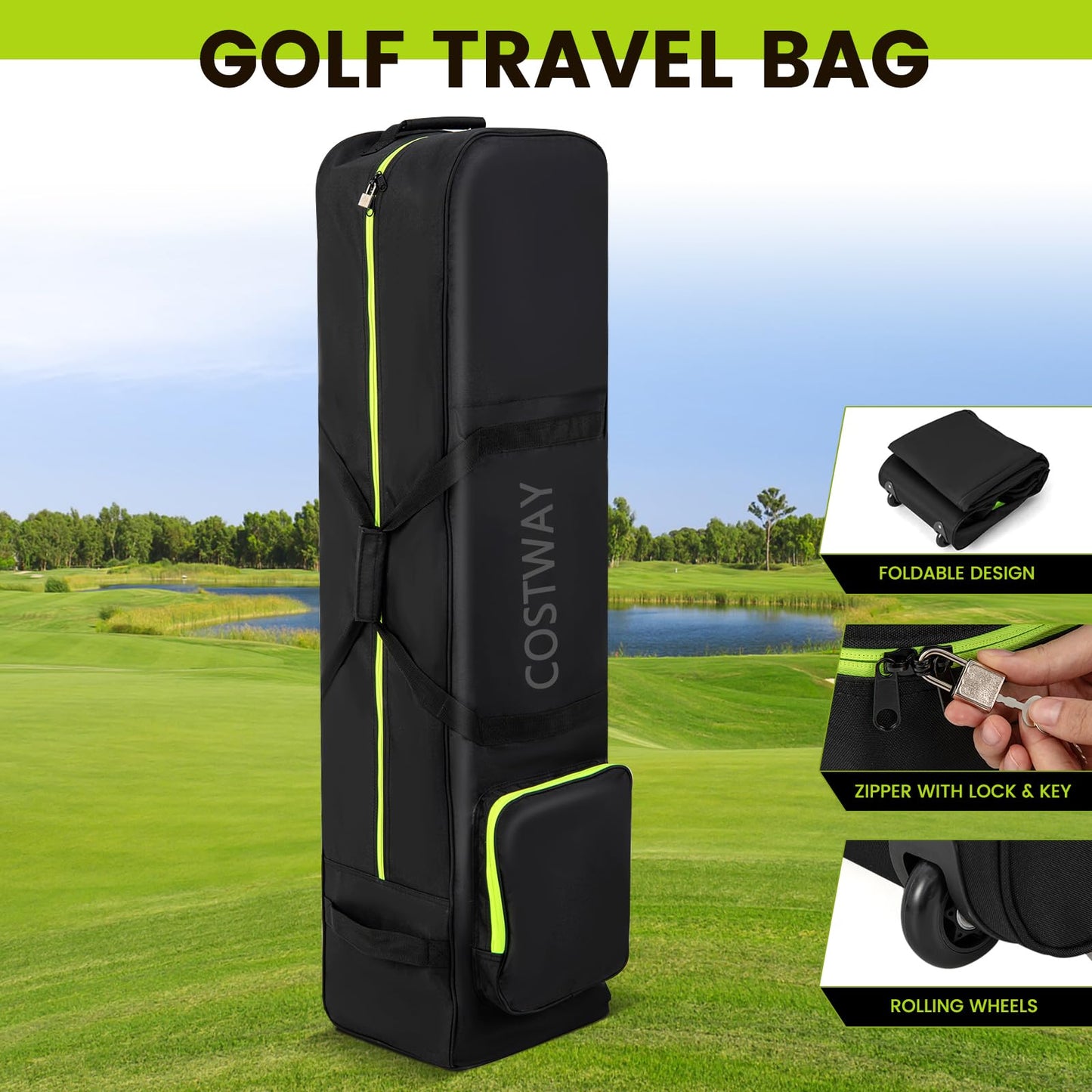 Wheeled Golf Travel Bag, Soft-Sided Travel Cover with 3 Handles, Extra Storage Pocket