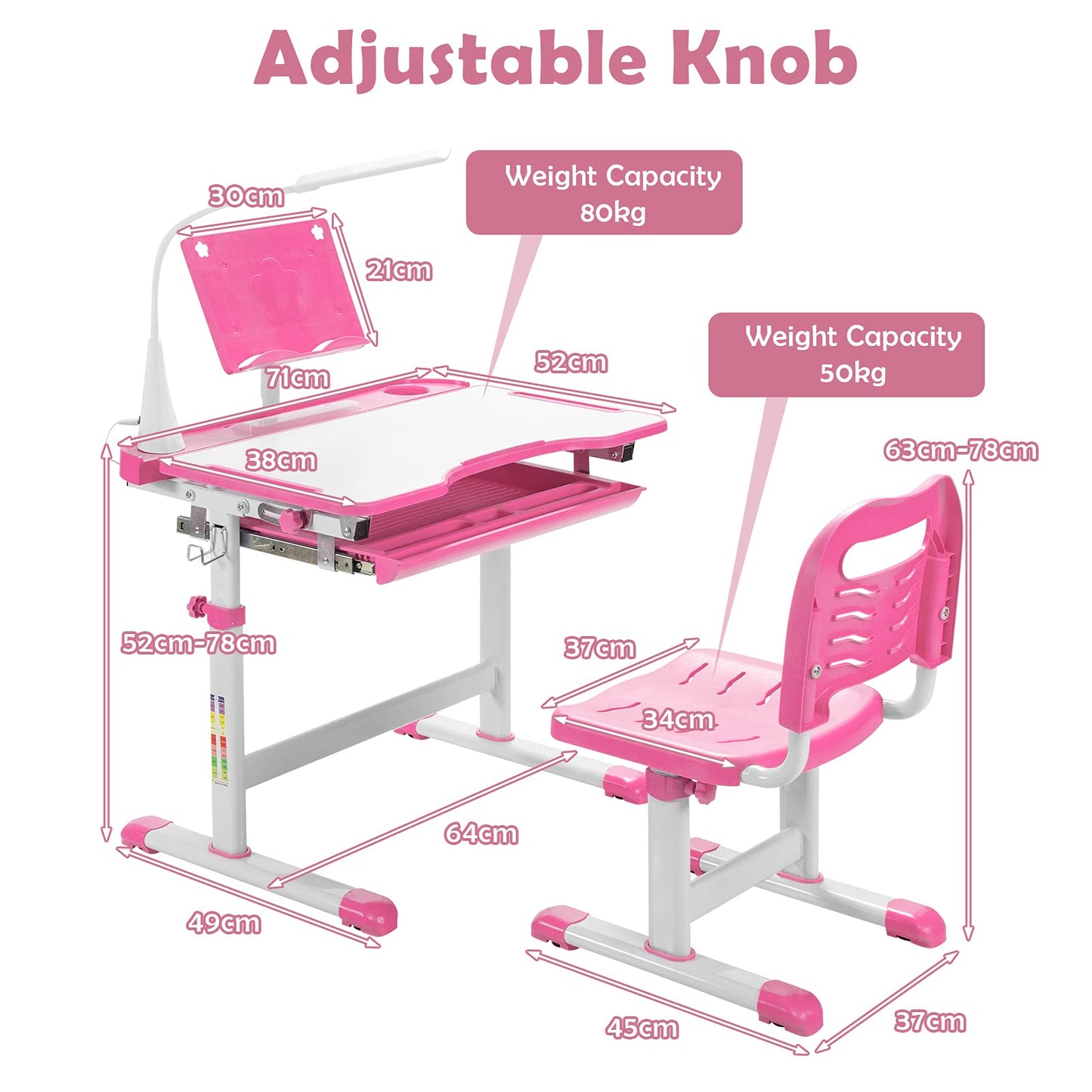 Kids Desk and Chair Set, Height Adjustable Student Study Table with Drawable & Tilted Desktop