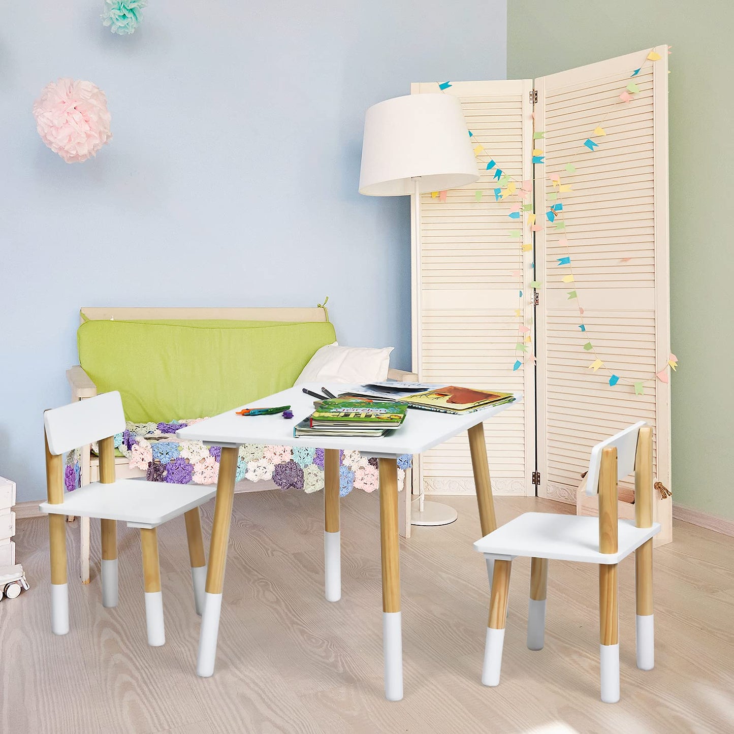 Kids Table and 2 Chairs, Wooden Children Table Chair Set with Non-slip Foot Pads