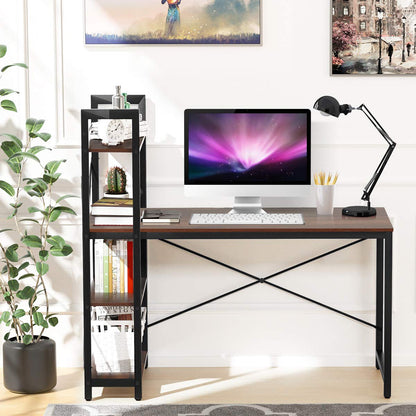 Computer Desk, Steel Frame Wooden Writing Workstation PC Laptop Table with 4-Tier DIY Storage Shelves