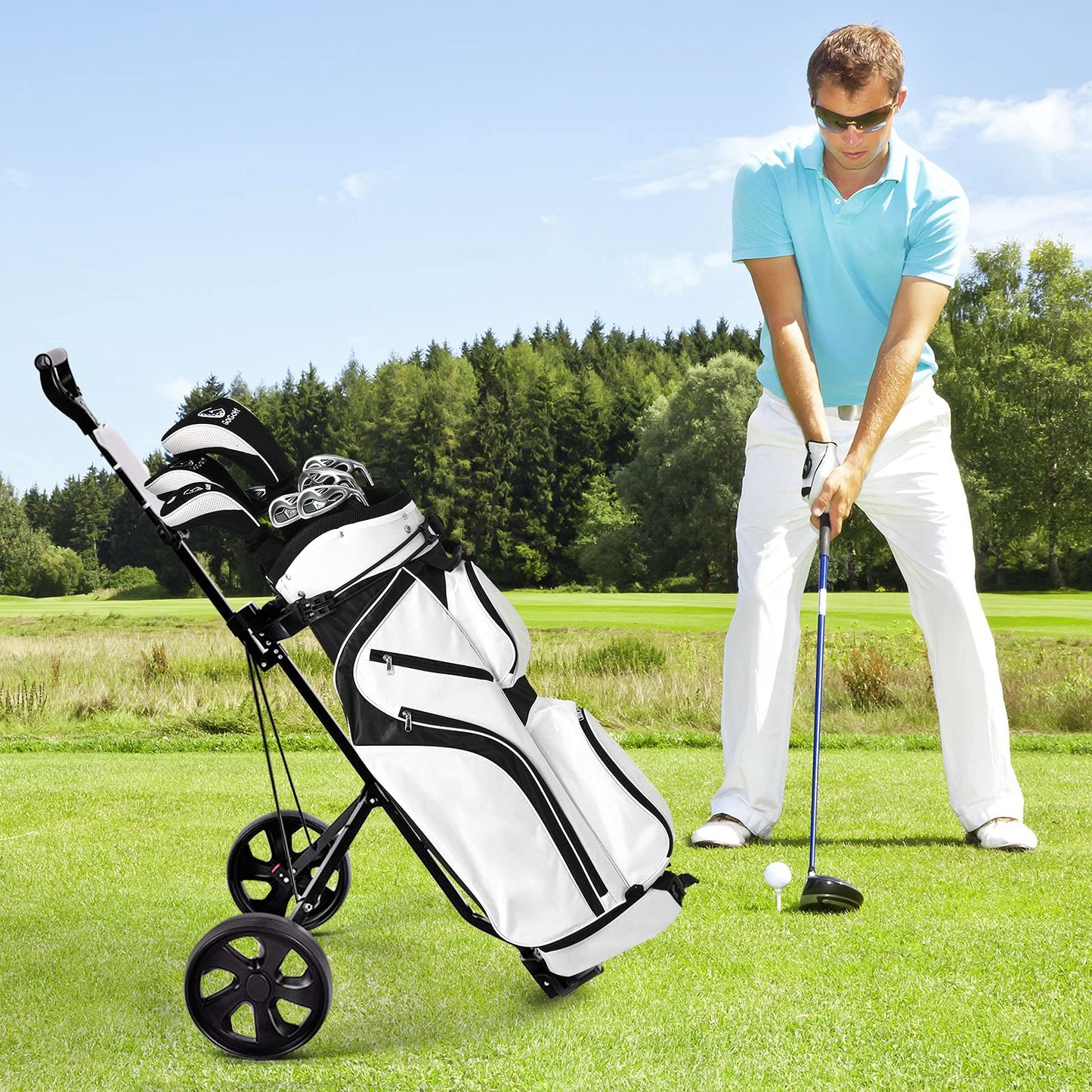 Folding Golf Push Pull Cart, Lightweight 2 Wheels Golfs Bag Trolley with Convenient Handle