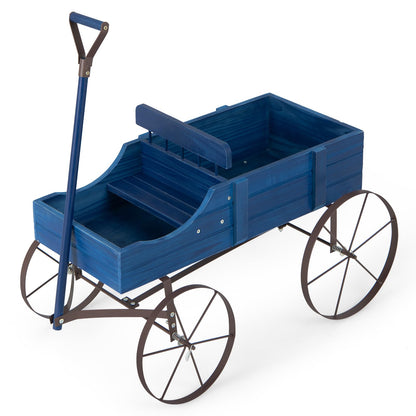 GiantexUK Wooden Wagon Garden Planter, Flower Cart with Long Handle and Flexible Wheels