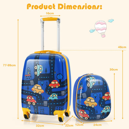 Kids Luggage Set, 2 PCS Backpack & Suitcase with Wheels and Height Adjustable Handle(Blue, 12"+18")