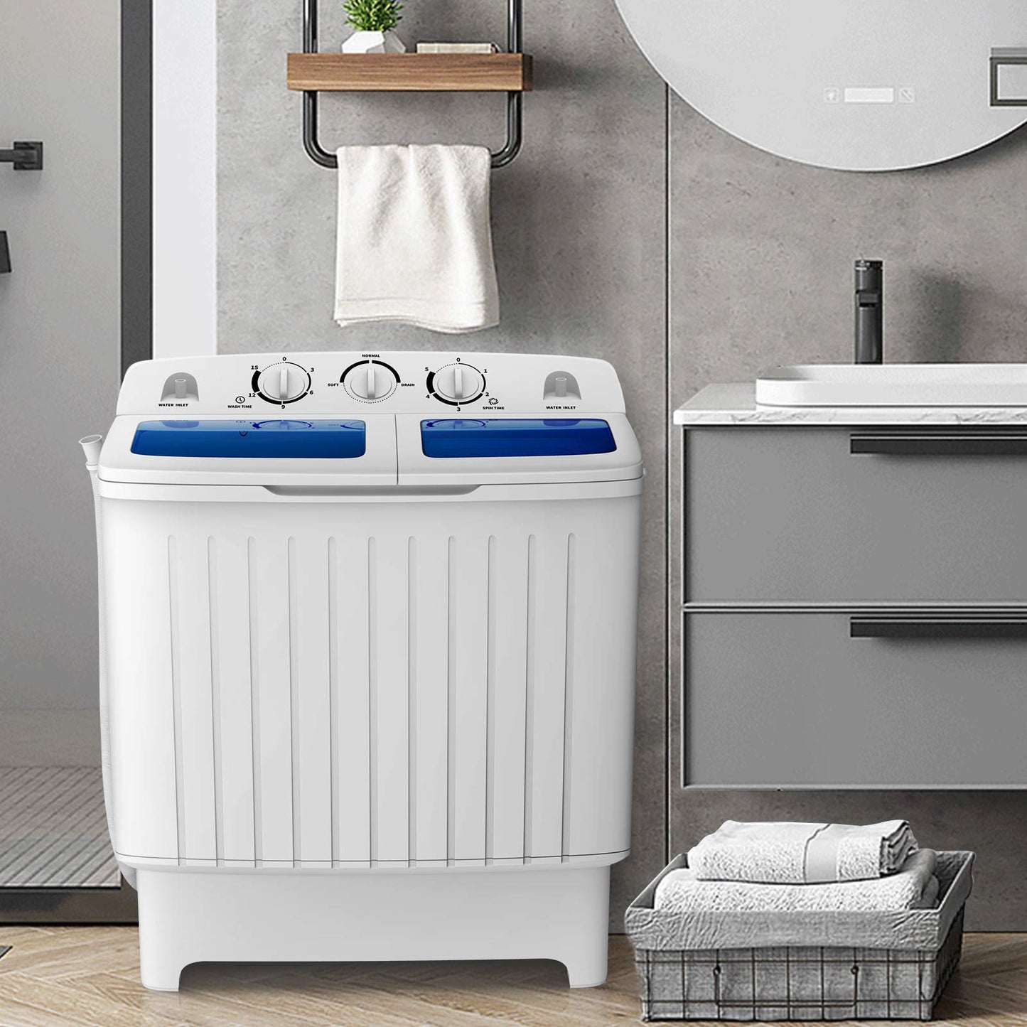 GiantexUK Twin Tub Washing Machine, 8KG Compact Washing Machine and Spin Dryer Combo with Timer Control & Drain Pipe