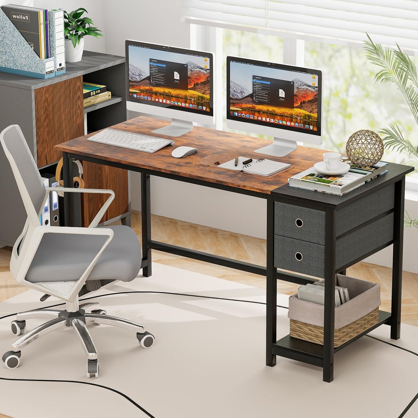 Computer Desk, Metal Frame Study Table Workstation with 2 Removable Drawers (140 x 60 x 75 cm)