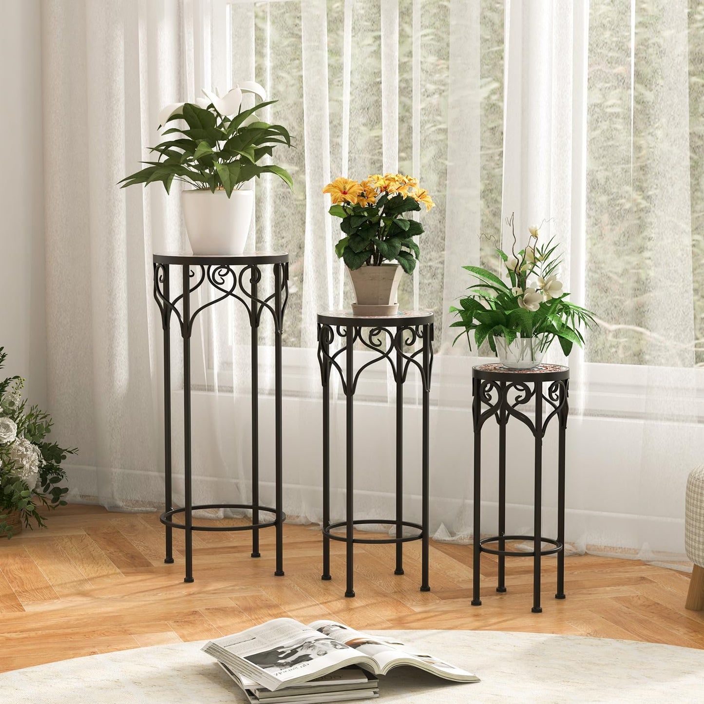 Set of 3 Metal Plant Stand, Round Stackable Flower Pot Holder with Ceramic Top & Anti-slip Foot Pads