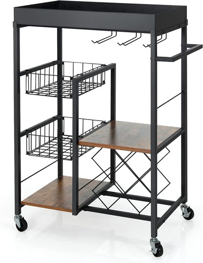 GiantexUK 4 Tier Service Cart, Industrial Kitchen Storage Trolley with Side Handle, Glass Holder, Removable Tray and Lockable Wheels