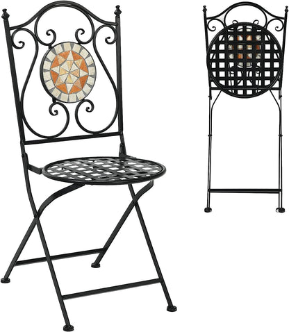 GiantexUK 3PCS Patio Bistro Set, Metal Frame Round Mosaic Coffee Table with 2 Folding Chairs