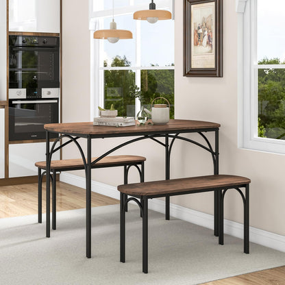 Dining Table with 2 Benches, 3 Piece Kitchen Table and Benches Set with Anti-slip Foot Pads