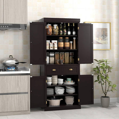 GiantexUK 183cm Tall Kitchen Cupboard, 4-Door Freestanding Pantry Cabinet with Adjustable Shelf, Drawer & Anti-Toppling Device