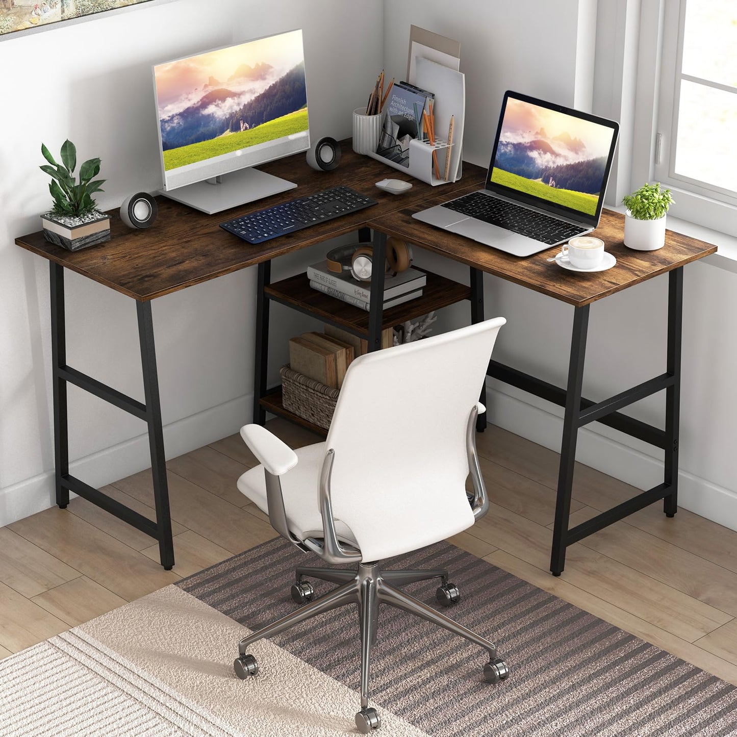 120cm L-Shaped Computer Desk, Large Desktop 2-Person Corner Writing Workstation