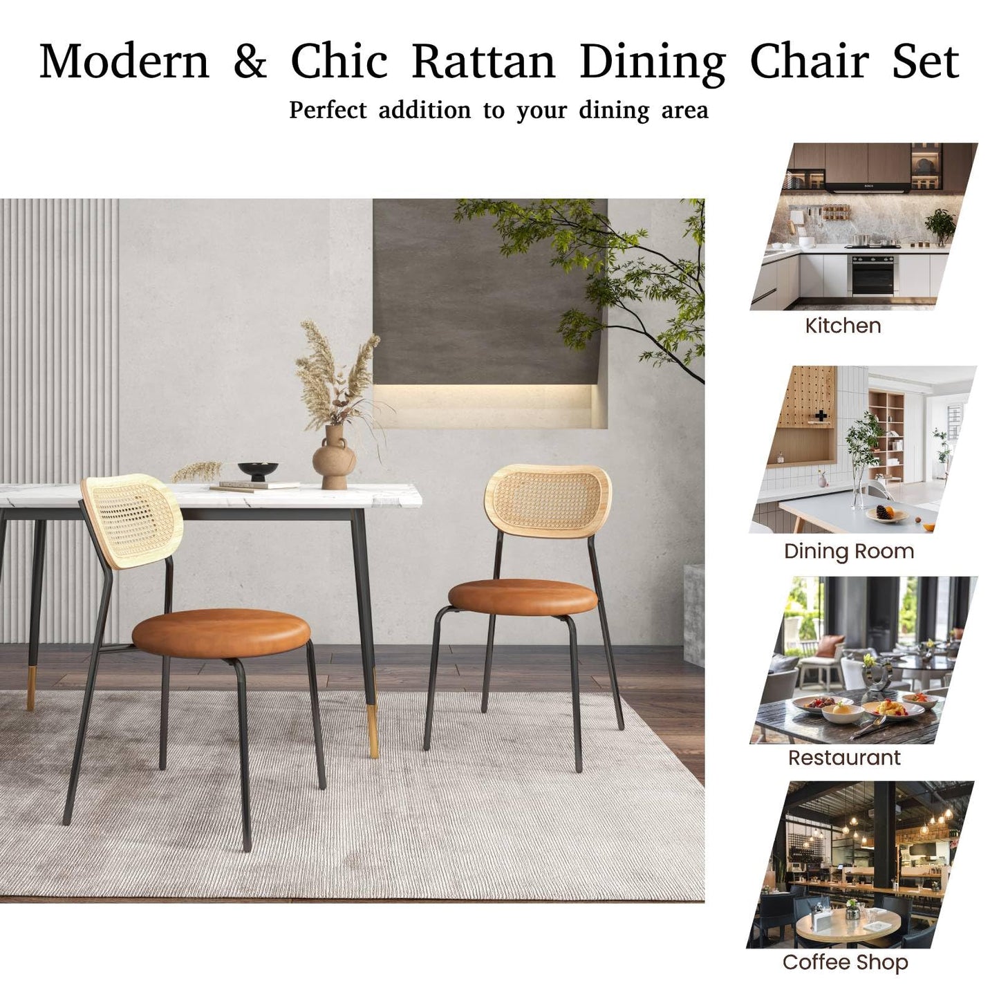 GiantexUK Dining Chairs Set of 2, Upholstered Kitchen Chairs with Rattan Backrest & Adjustable Foot Pads (PU Leather, Coffee)