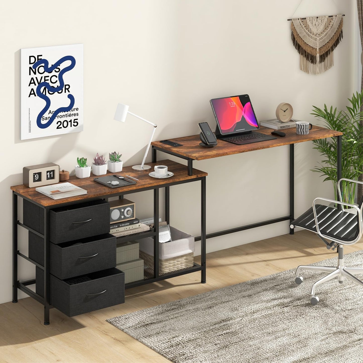 L-Shaped Computer Desk, Convertible Study Writing Workstation with Drawer, Shelves & Charging Station