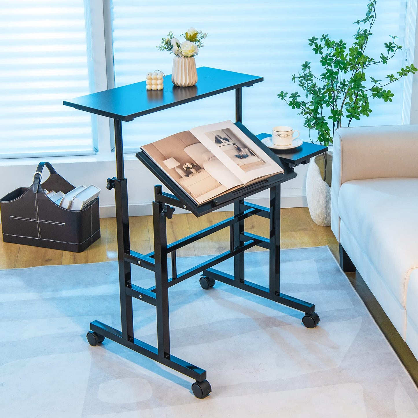 Height Adjustable Standing Desk, Mobile Laptop Table Computer Desk with Flip-over Desktop and Wheels