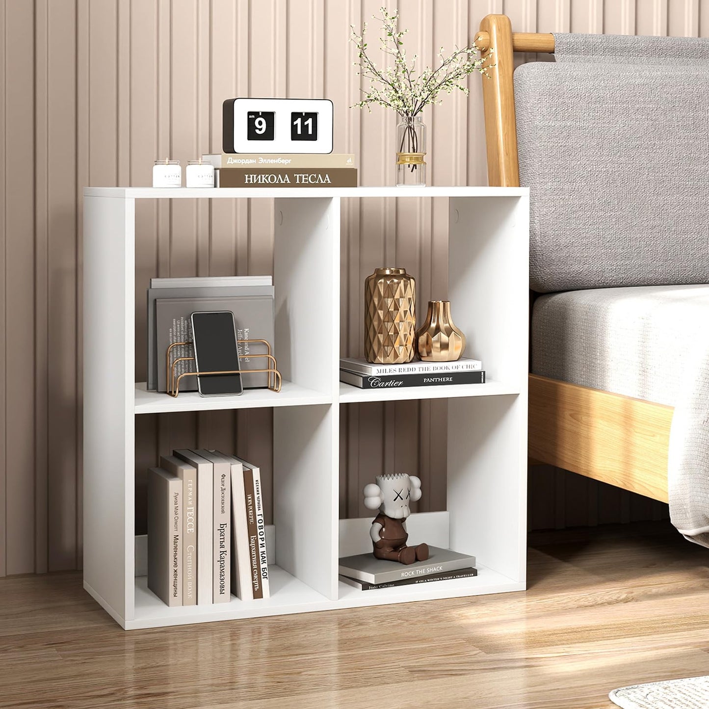 4 Cube Bookcase, Wooden Bookshelf Open Display Shelving Unit with Anti-Tipping Device (White, 70 x 33 x 70cm)