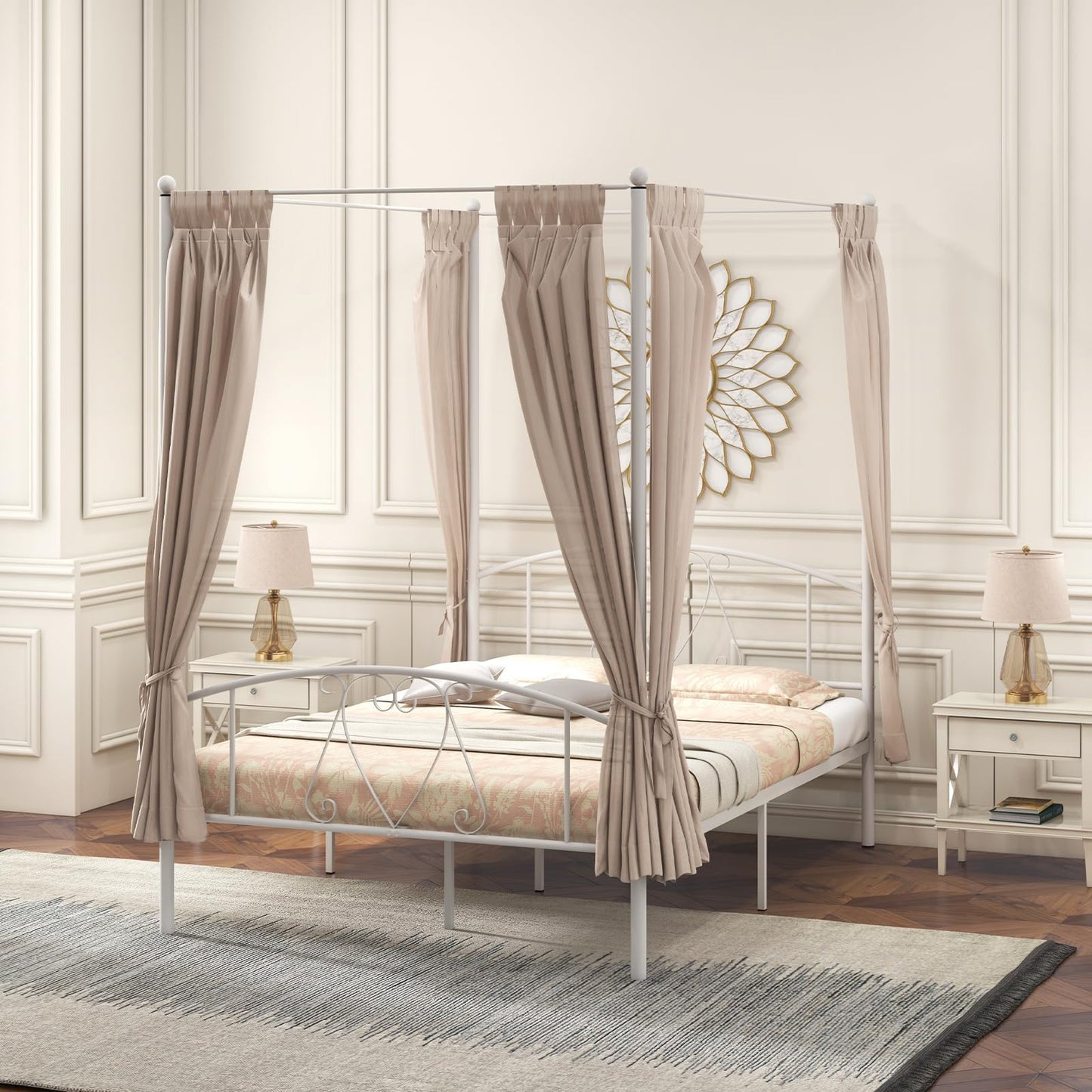 Canopy Bed Frame, Double Size Metal Bed Base with Headboard & Footboard