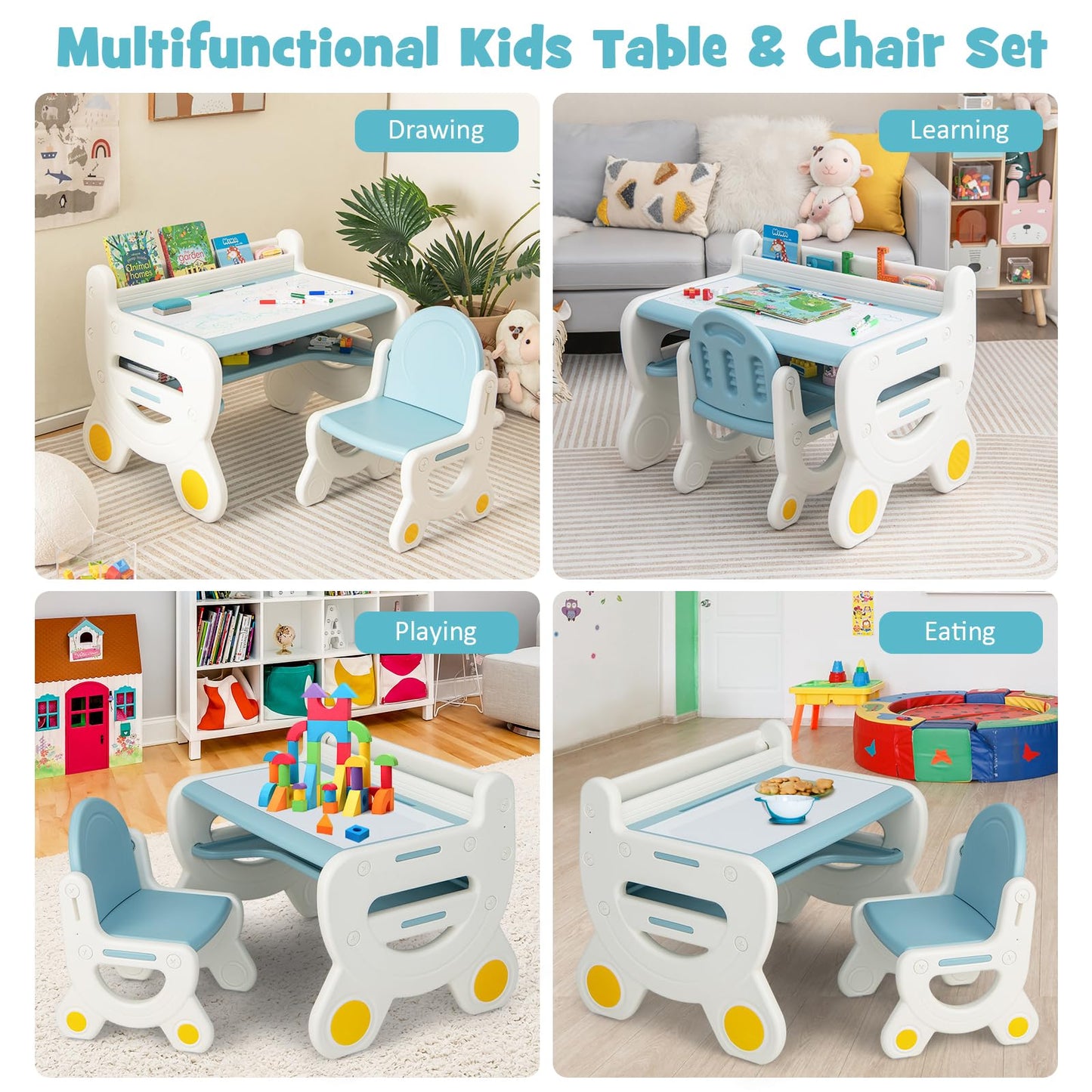 Kids Art Table and Chair Set, Plastic Toddler Craft Drawing Desk with Storage Shelf, Watercolor Pens & Blackboard Erase