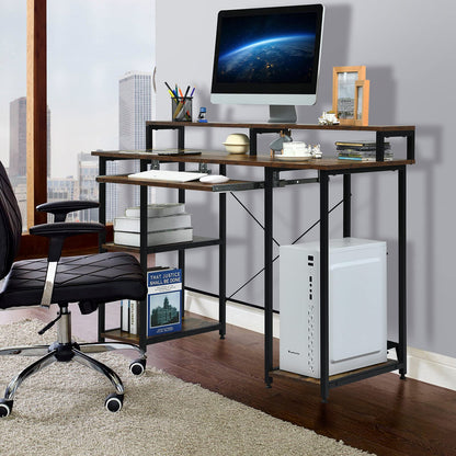 Wooden Laptop Desk, Industrial PC Table Workstation with Storage Shelves