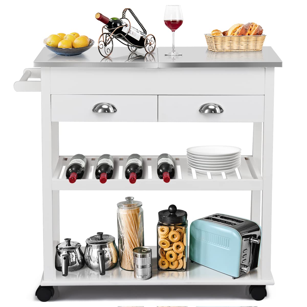 GiantexUK Kitchen Storage Trolley on Wheels, Mobile Kitchen Island with Stainless Steel Flip Top, 85x42x82cm