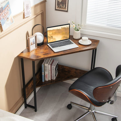 Corner Computer Desk, Triangular Writing Desk with Power Outlet & Metal Frame, Without Keyboard Tray