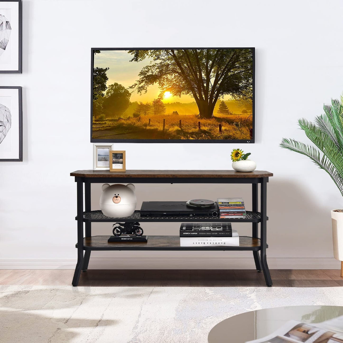 TV Stand for TVs up to 46 Inches, Wooden TV Cabinet Media Entertainment Center with Mesh Storage Shelf & Metal Frame