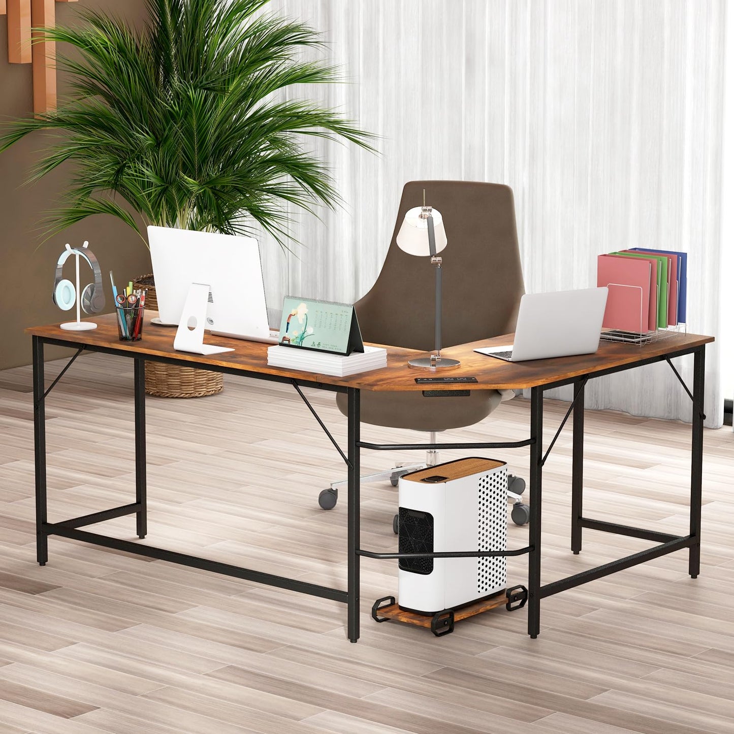 L-Shaped Computer Desk, 168cm Metal Frame Corner Writing Workstation with Charging Station