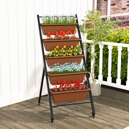 GiantexUK Raised Garden Bed, 5 Tier Vertical Ladder Planter with 5 Removable Trays, Wheels & Drain Holes (with Wheels, Brown, 57 x 74 x 127cm)