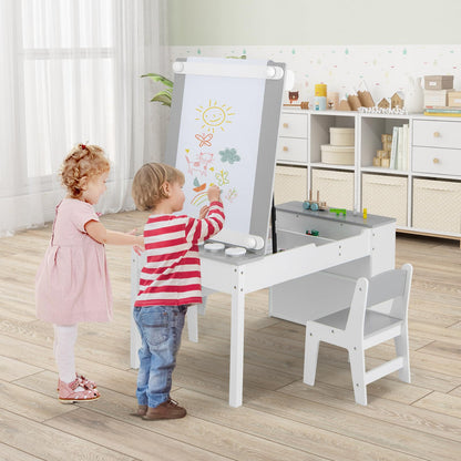 2-in-1 Kids Art Table and Chairs Set, Wooden Toddler Craft Easel Desk with 2-Tier Open Shelf, Storage Bins, Paper Roll and Paint Cups (5 Cups)