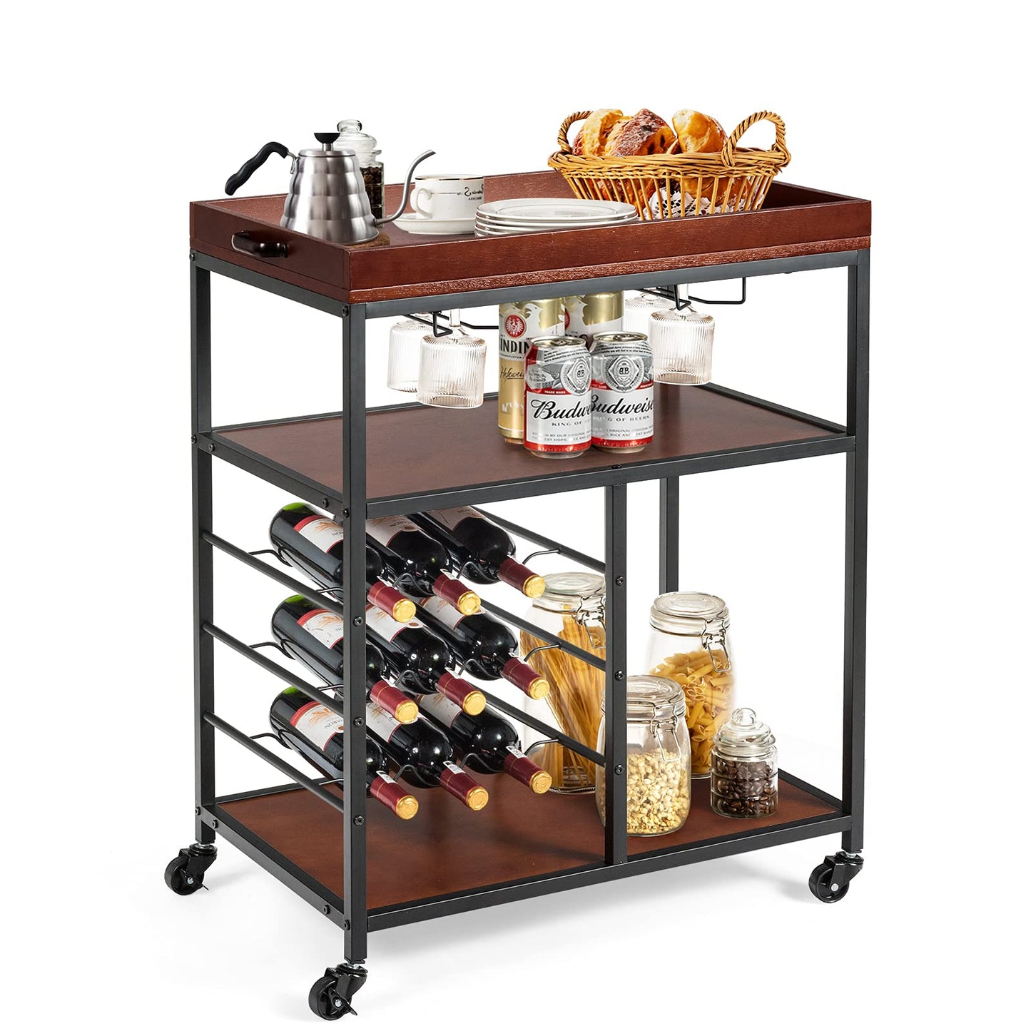 GiantexUK Kitchen Serving Cart, 3 Tier Rolling Cart Trolley with Wine Rack and Handle (3 Tiers Wine Rack, 71 x 45 x 93cm)