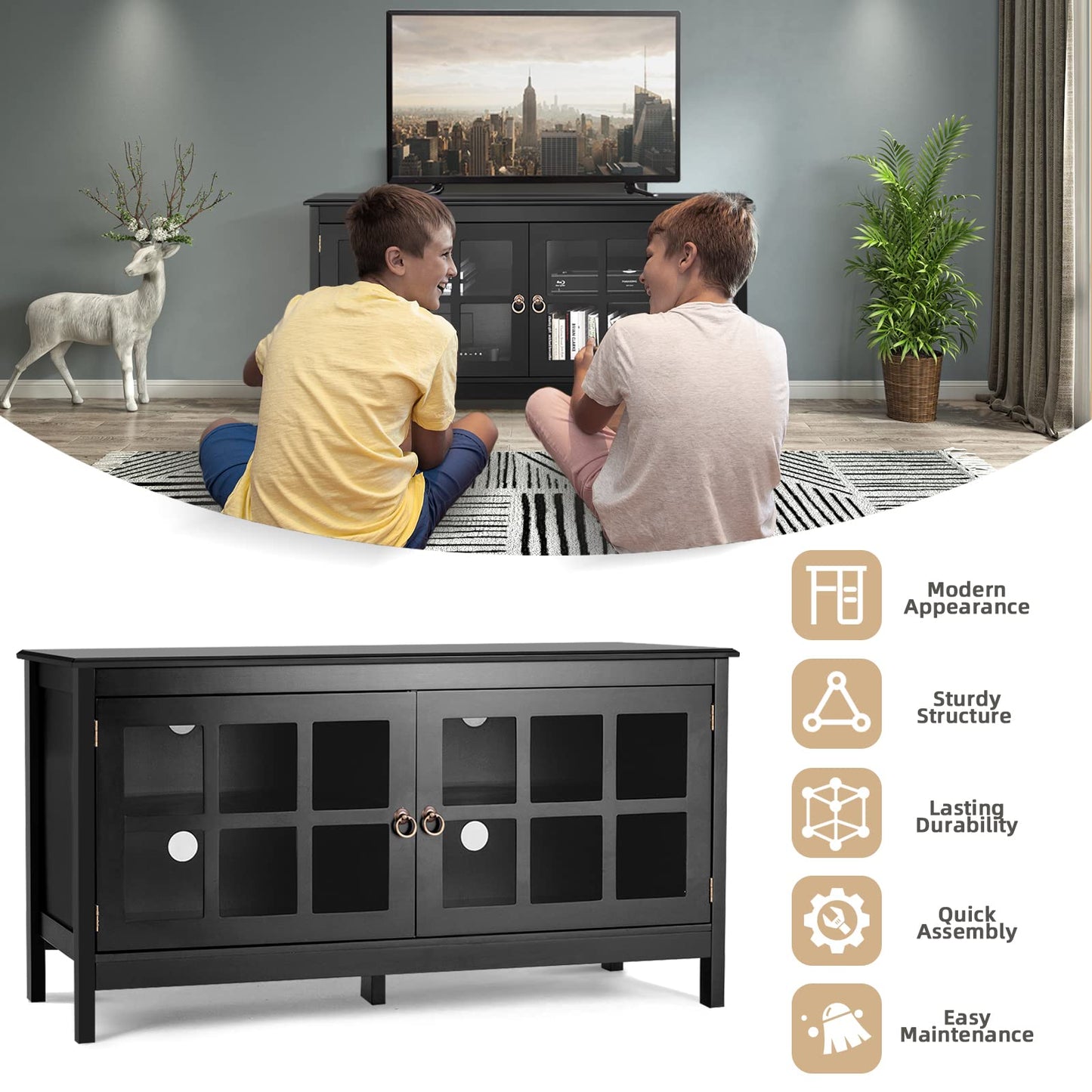 TV Stand for TVs up to 50'', Modern TV Cabinet Media Entertainment Center with Tempered Glass Doors