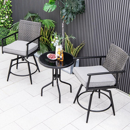 GiantexUK 2PCS Patio Barstools, Outdoor Swivel Stools Pub Chairs with Rattan Back, Removable Cushion