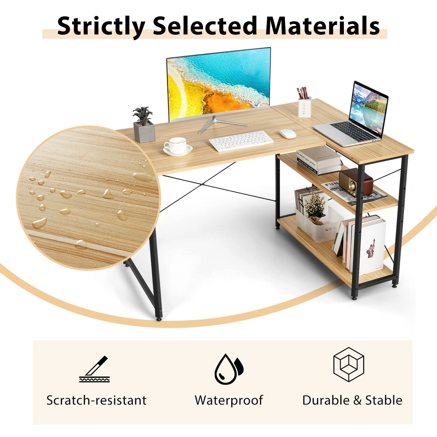 Corner Computer Desk, L-Shaped Writing Study Table with Reversible and Adjustable Bookshelf