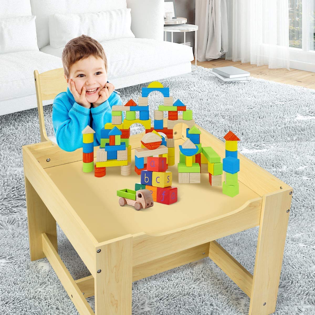 Kids Table Chair Set, Double Side Tabletop Table and 2Pcs Chairs with Storage Box