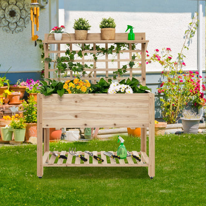 GiantexUK Raised Garden Bed with Trellis, Wood Elevated Planter Box with Liner, Wheels & Storage Shelf (104x40x135cm, with Wheels)